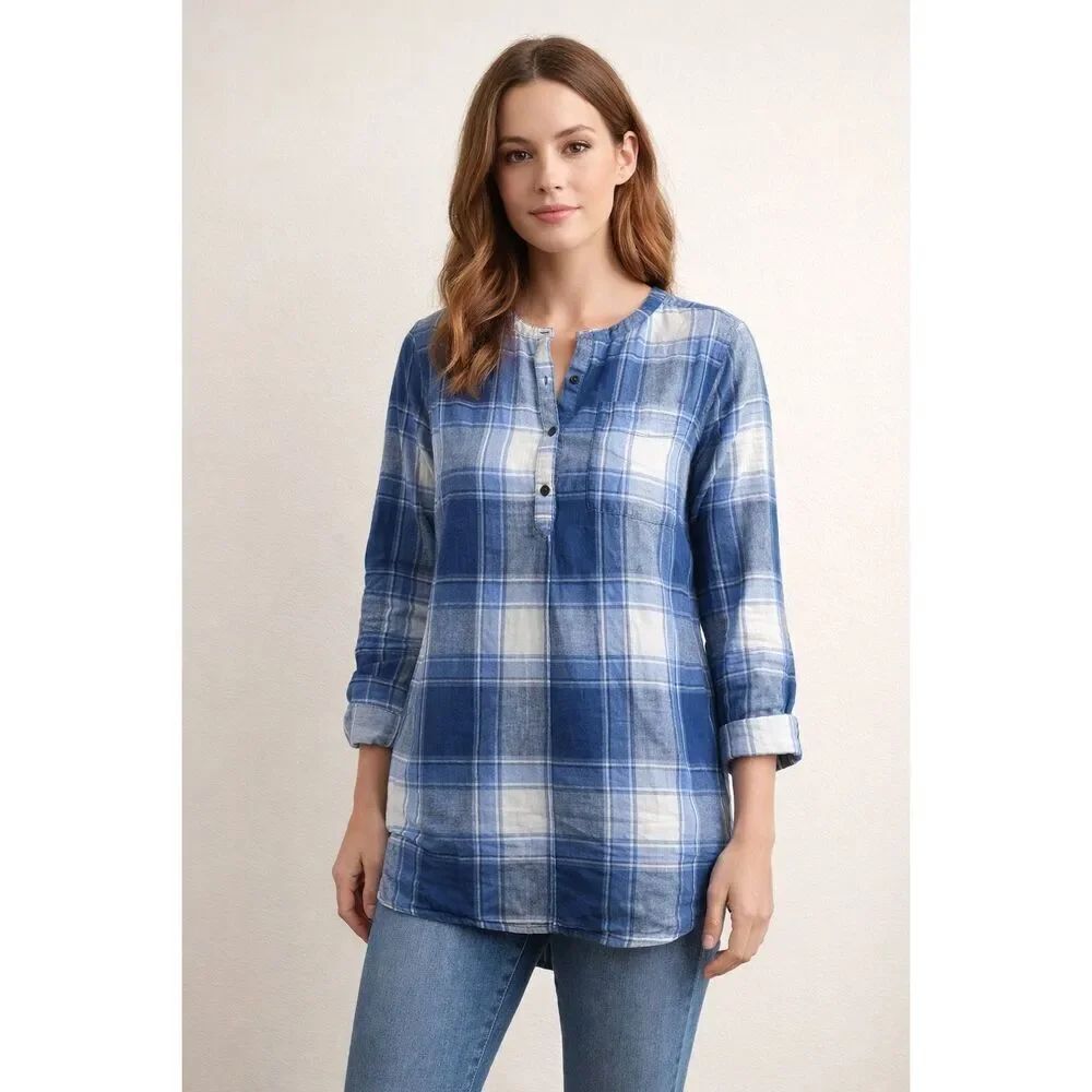 Old Navy Blue Plaid Linen Blend Tunic Top Women Medium